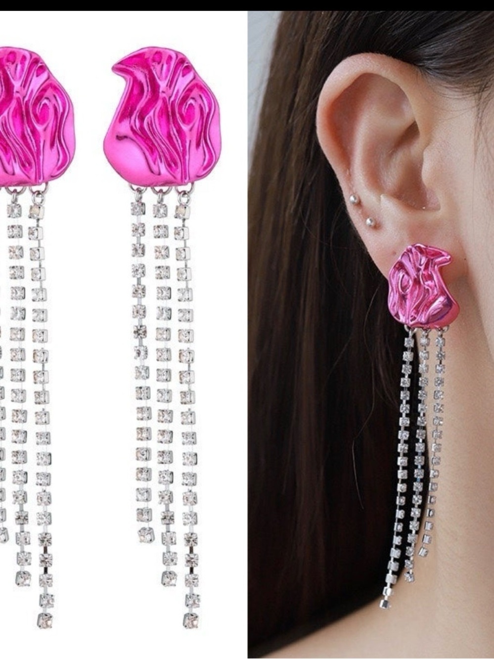 Stylish Pink Drop Crystal Chain Earrings - Women Jewelry